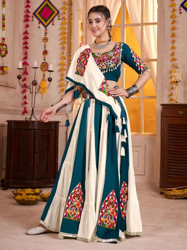 Off White And Blue Embroidered Festive Lehenga Set