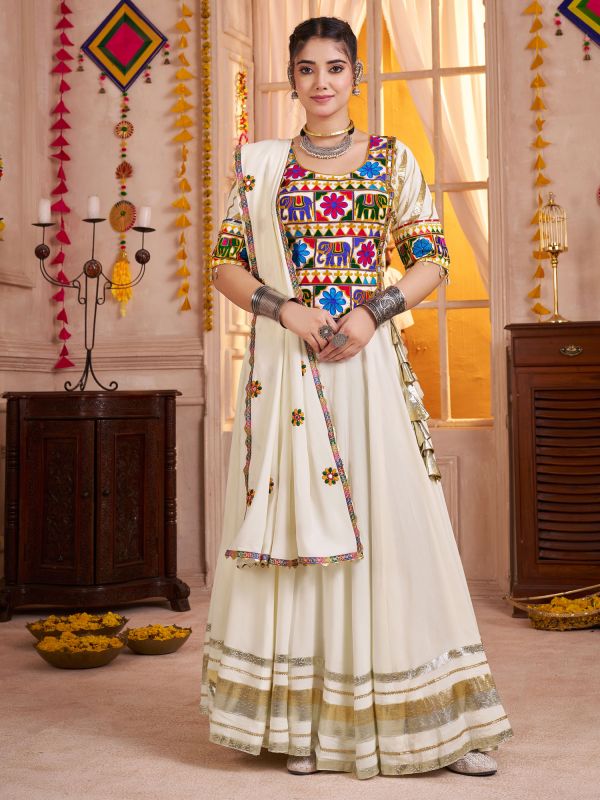 Off White Navaratri Lehenga Set In Woven Pattern