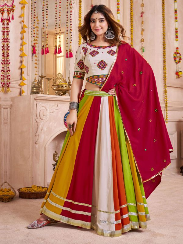 Multicolor Navratri Lehenga Choli In Cotton With Dupatta