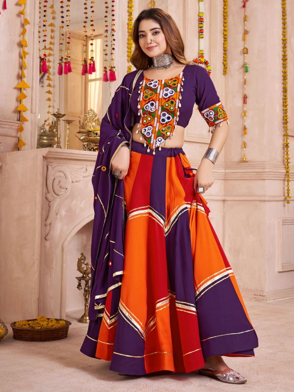Multicolor Cotton Navratri Lehenga Set In Mirror Work