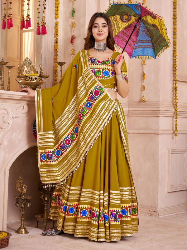 Green Mirror Work Augmented Festive Lehenga Set