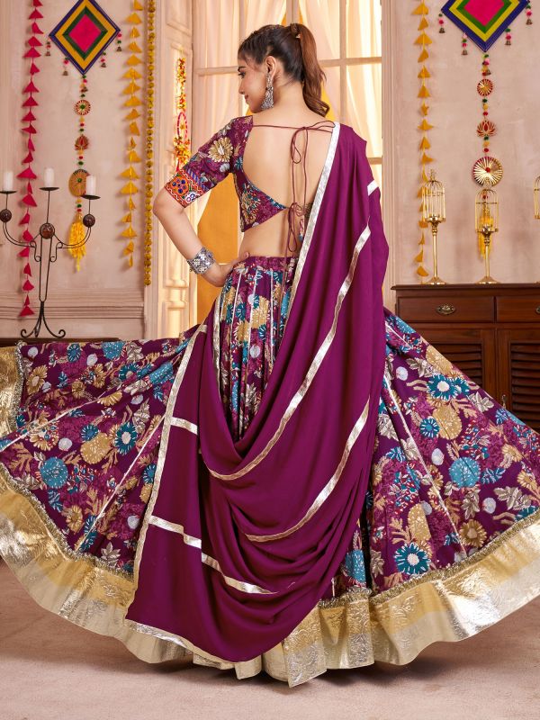 Purple Floral Printed Navratri Lehenga Choli In Cotton