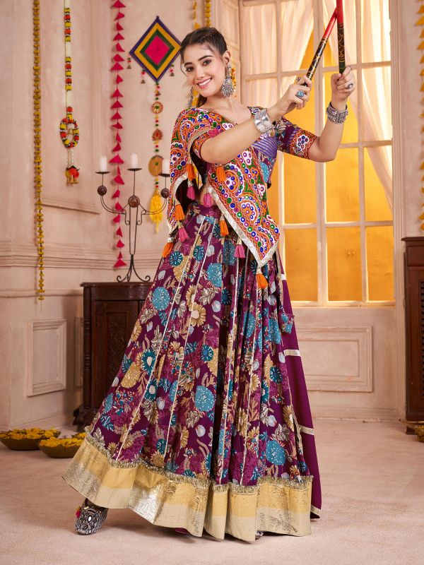 Purple Floral Printed Navratri Lehenga Choli In Cotton