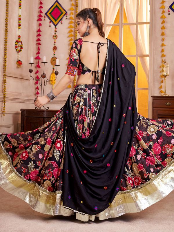 Black Festive Wear Cotton Lehenga Set In Print