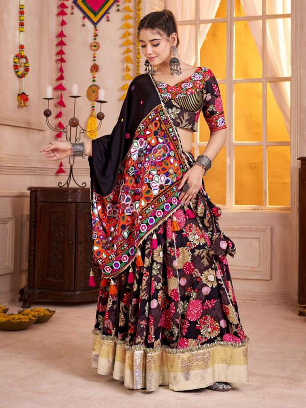 Black Festive Wear Cotton Lehenga Set In Print