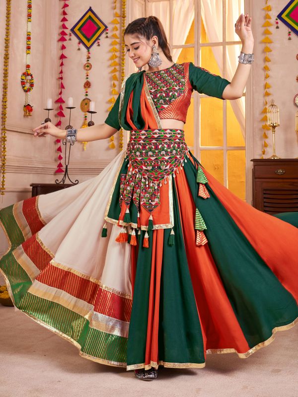 Multicolor Navratri Lehenga Choli In Cotton With Belt