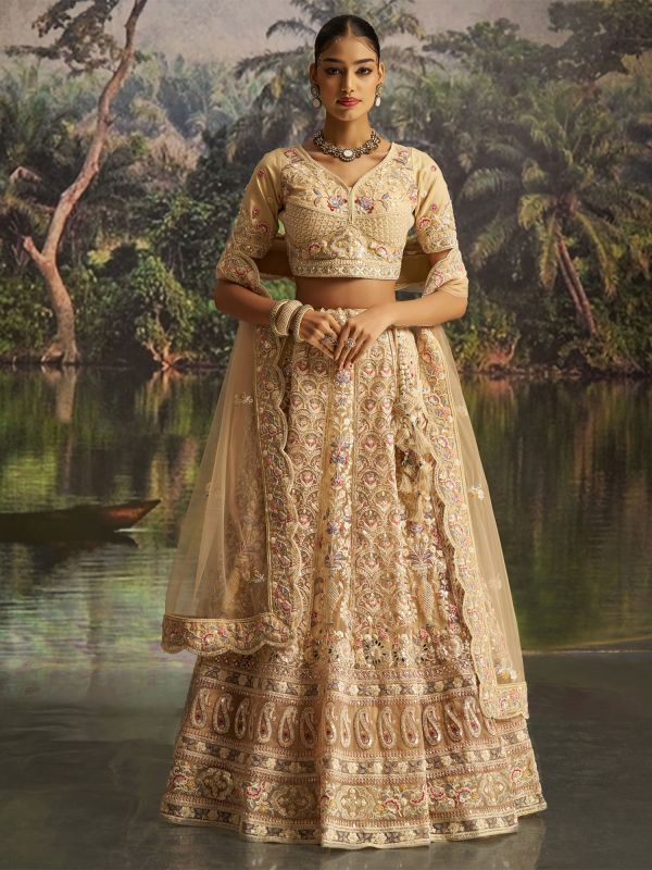 Cream Floral Embroidered Designer Lehenga Choli