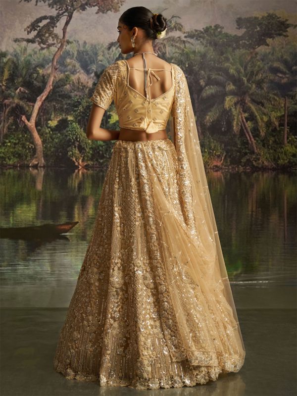 Golden Designer Net Lehenga Set In Heavy Embroidery