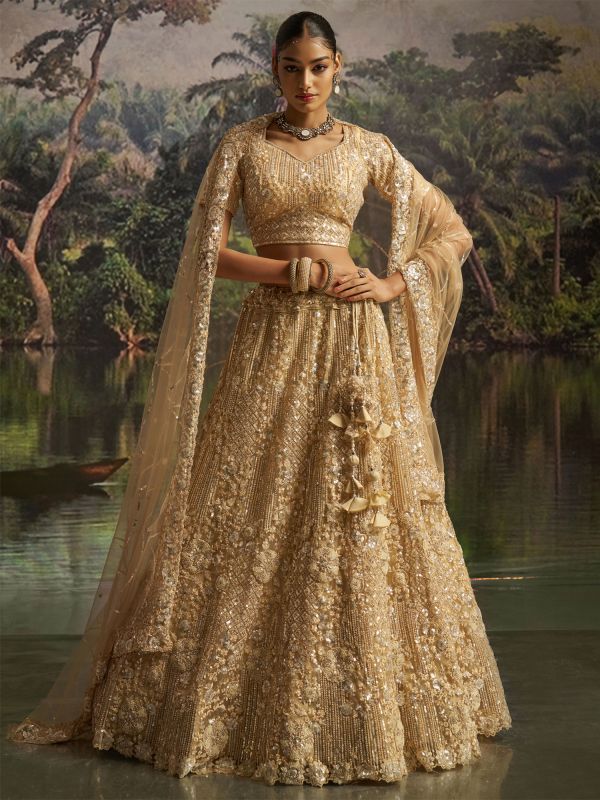 Golden Designer Net Lehenga Set In Heavy Embroidery