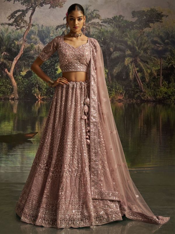 Mauve Stone Augmented Net Lehenga Set With Dupatta
