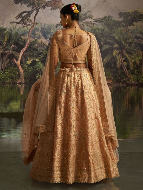 Peach Embroidered Designer Lehenga Choli In Silk