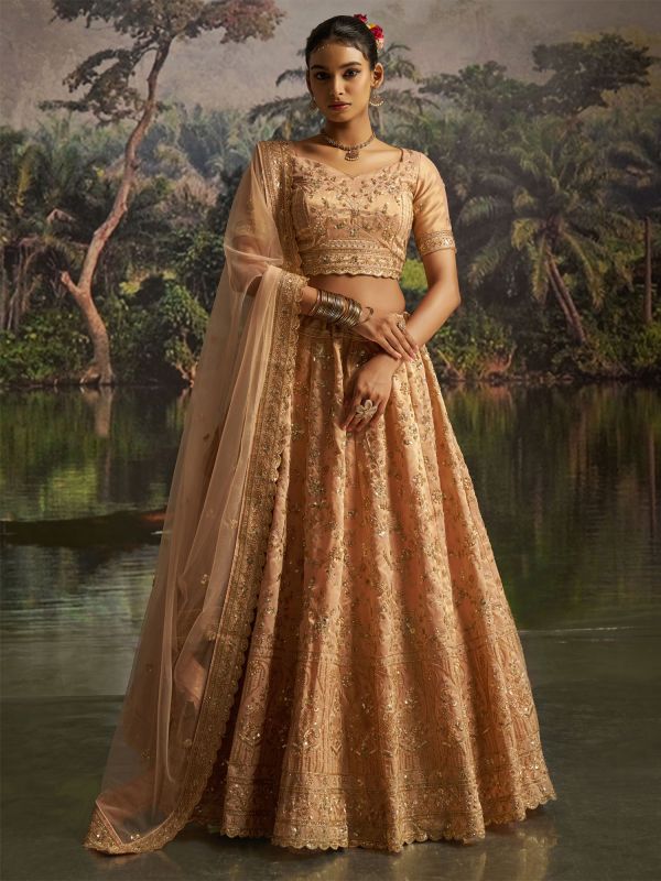 Peach Embroidered Designer Lehenga Choli In Silk