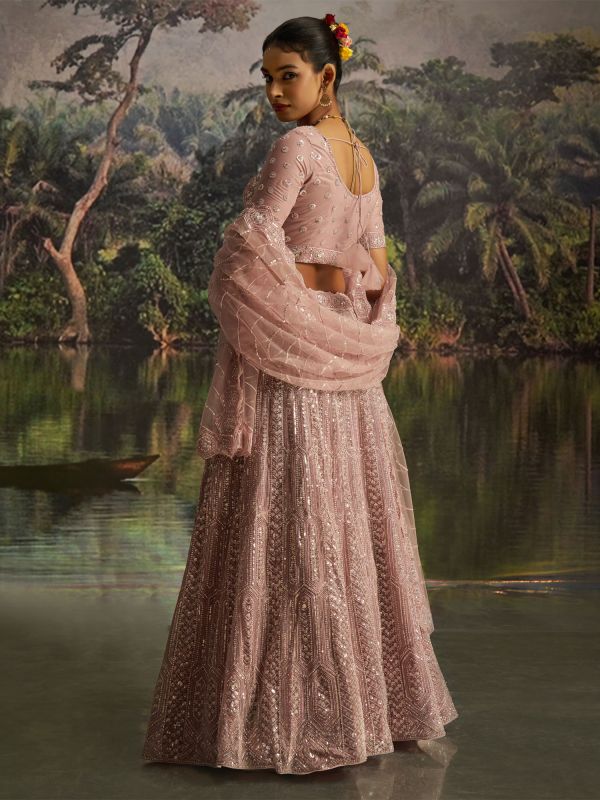 Mauve Bridesmaid Net Lehenga Set In Hand Work