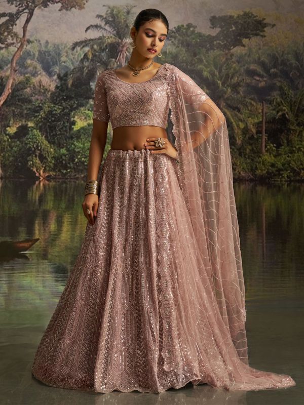 Mauve Bridesmaid Net Lehenga Set In Hand Work