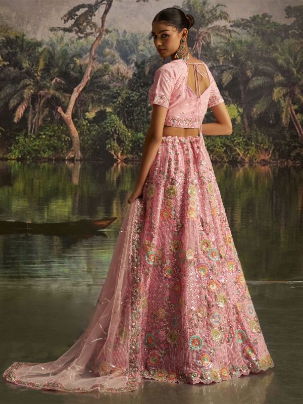Baby Pink Net Lehenga Choli In Sequins Embellishments