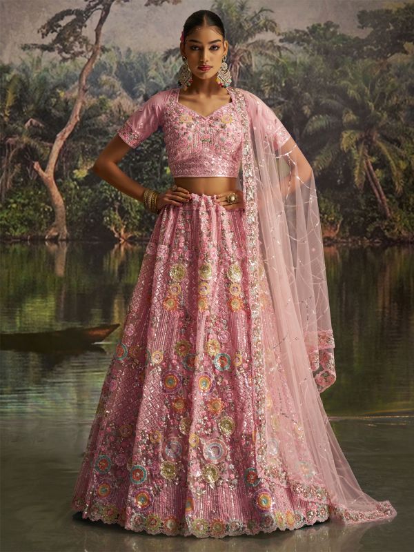 Baby Pink Net Lehenga Choli In Sequins Embellishments