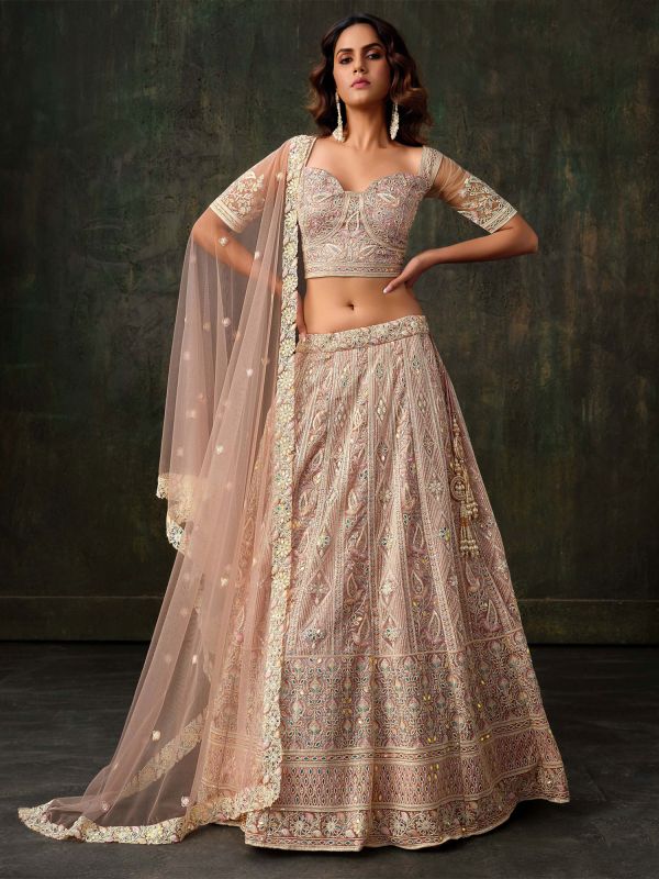 Peach Designer Net Lehengas Choli In Heavy Embroidery