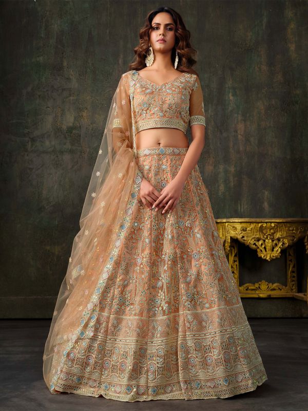 Peach Floral Embellished Wedding Lehenga Choli Set