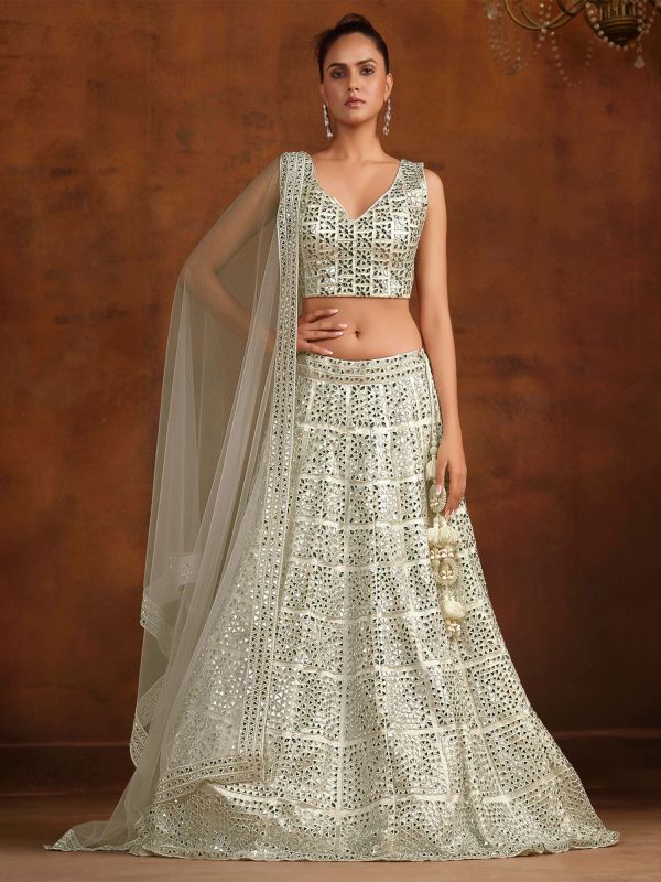 Silver Party Lehenga Set With Mirror Embellishments