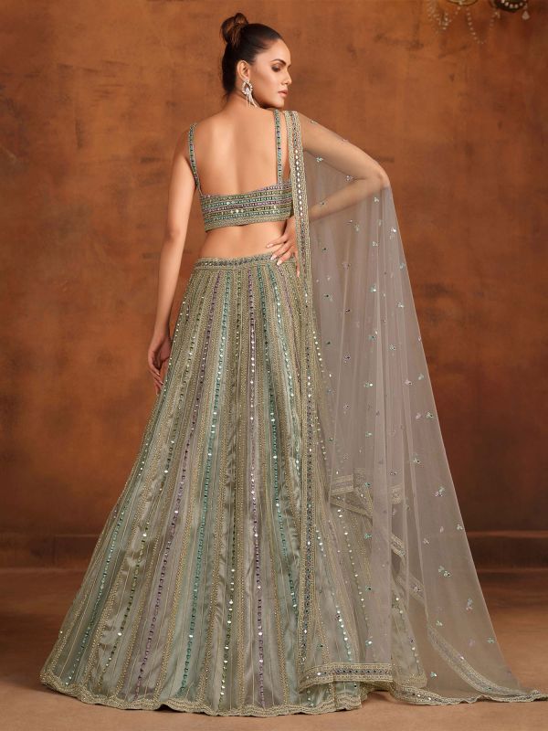 Multicolor Mirror Embroidered Lehenga Set In Net