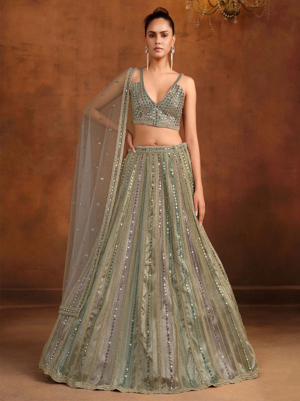 Multicolor Mirror Embroidered Lehenga Set In Net