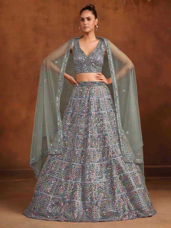 Grey Mirror Work Augmented Net Lehenga Choli