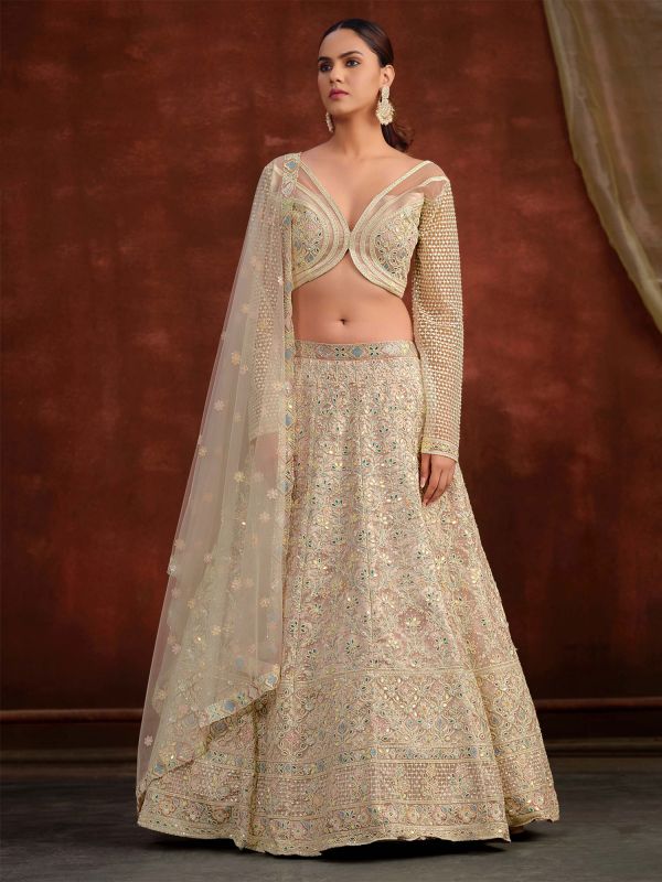 Beige Bridesmaid Lehenga Set In Heavy Floral Embroidery