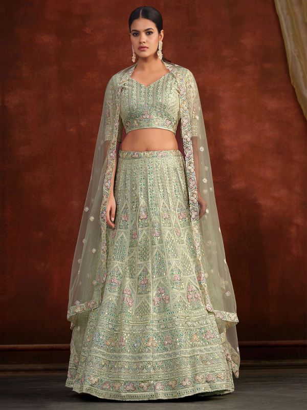 Green Wedding Wear Net Lehenga Choli In Thread Work