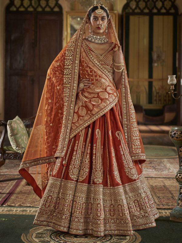 Rust Designer Bridal Lehenga Set In Zari Embellishments