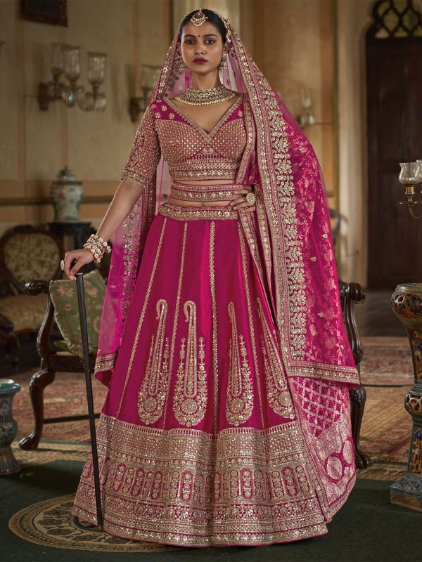 Pink Traditional Silk Lehenga Set In Stone Embroidery