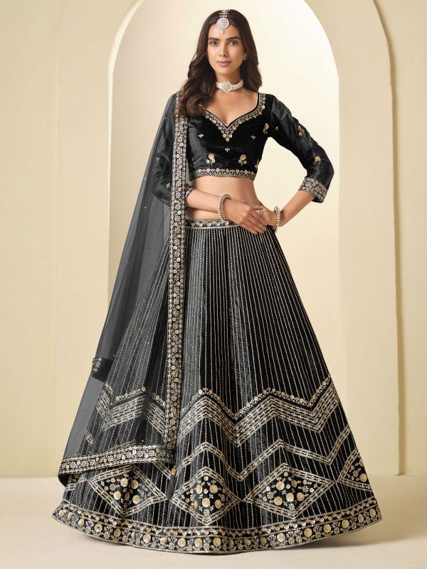 Black Sequins Work Velvet Lehenga Choli