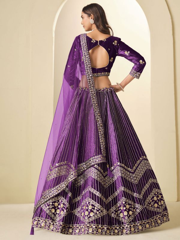 Dark Purple Party Lehenga Choli In Velvet
