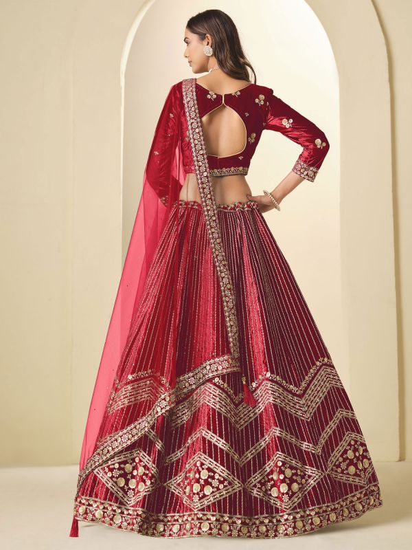 Red Velvet Lehenga Set With Net Dupatta