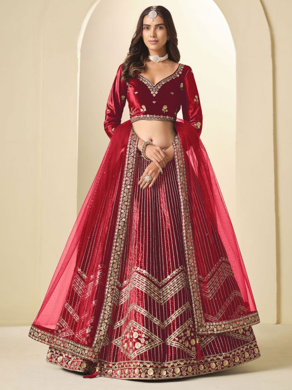 Red Velvet Lehenga Set With Net Dupatta