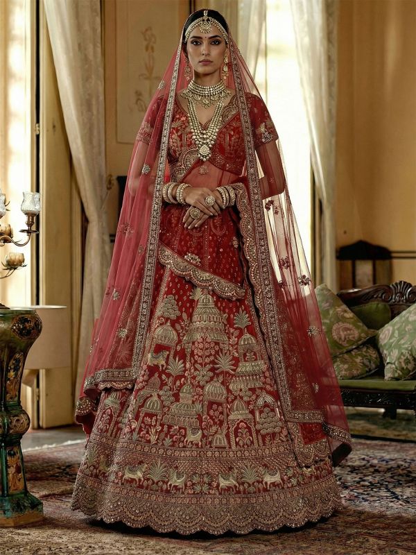 Red Zari Embellished Traditional Lehenga Choli