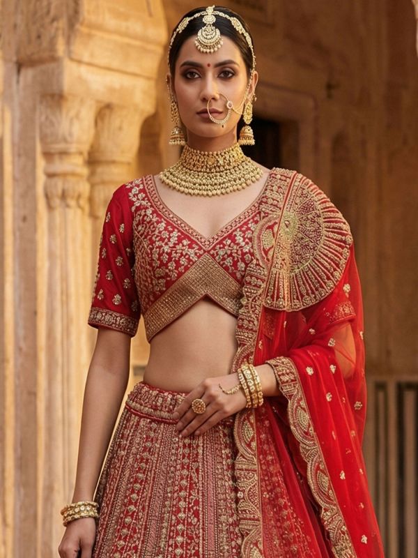 Cherry Red Embroidered Bridal Lehenga Set