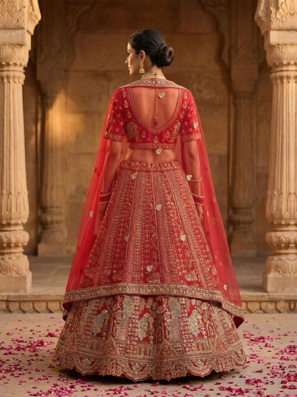 Cherry Red Embroidered Bridal Lehenga Set