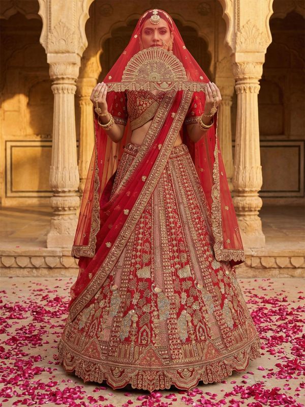 Cherry Red Embroidered Bridal Lehenga Set