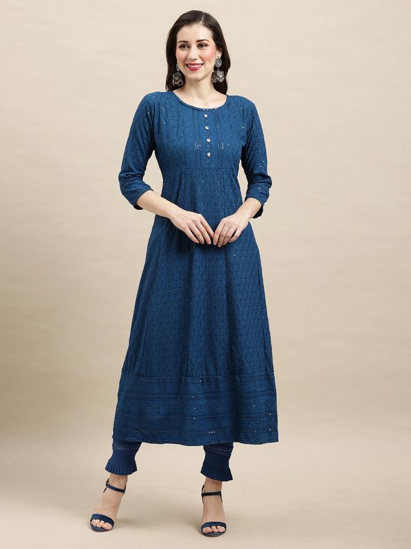 Blue Sequins Embroidered Flared Kurti