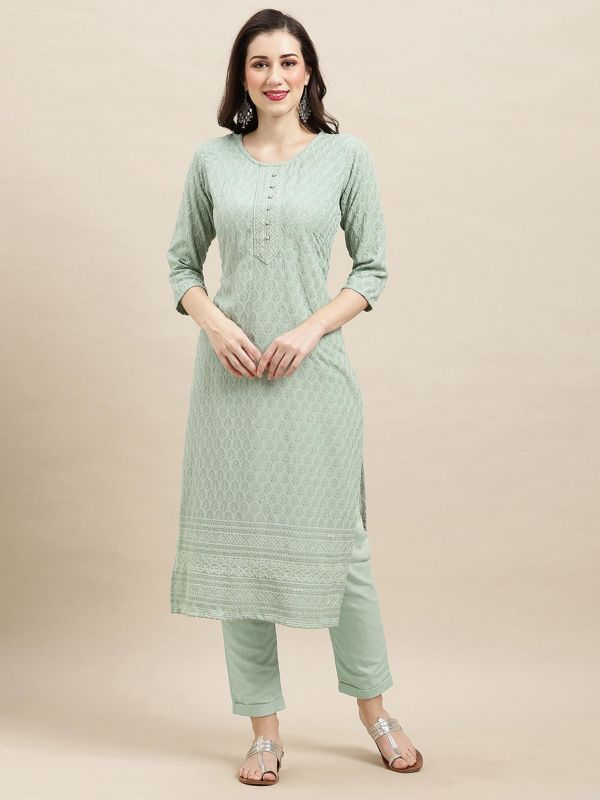 Green Sequins Embroidered Kurta In Rayon