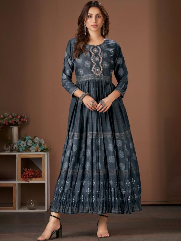 Blue Embroidered Kurti In Cotton