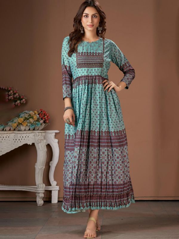 Blue Printed Party Wear Kurti In Cotton