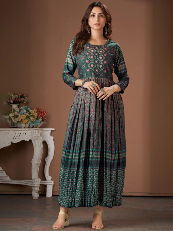 Green Embroidered Party Wear Kurti