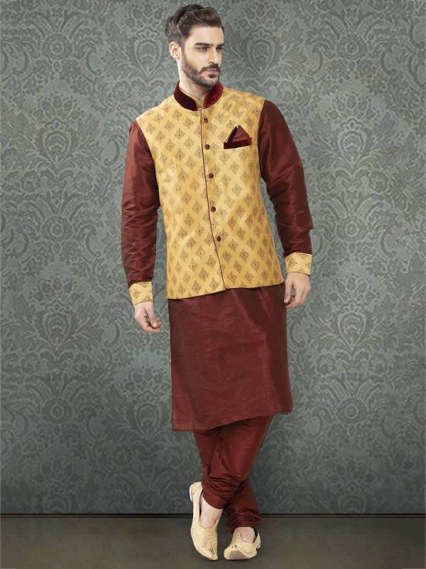 Maroon Colour Silk Fabric Mens Kurta Pajama Jacket.