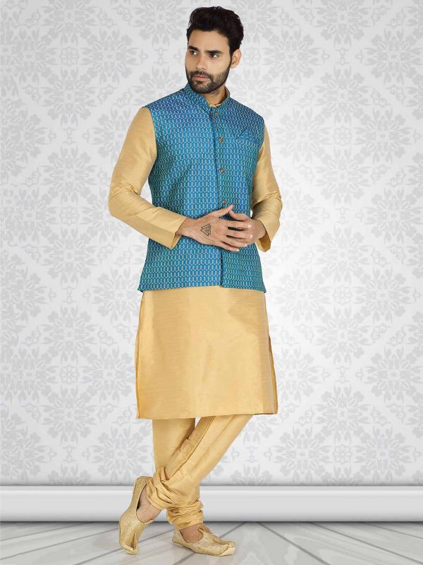 Golden Colour Silk Fabric Designer Kurta Pajama Jacket.