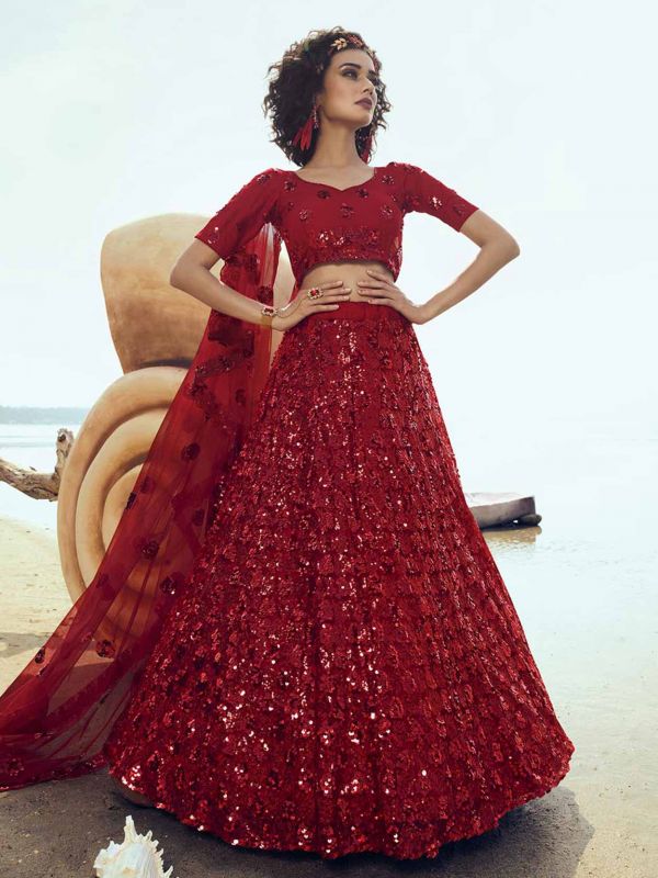 Wedding Designer Lehenga Choli Red Colour Net Fabric.