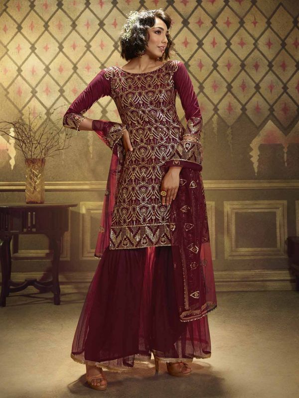 Maroon Colour Net Designer Sharara Salwar Suit.