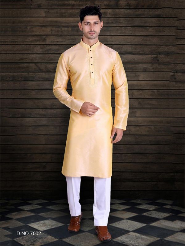 Art Silk Readymade Kurta Pajama Light Yellow Colour.
