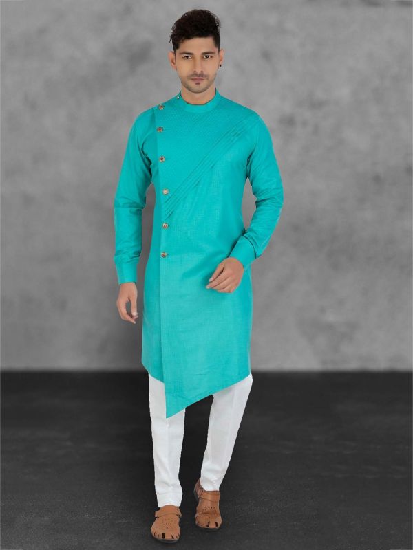 Sea Green Colour Cotton Men's Kurta Pajama.