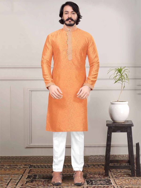 Orange Colour Silk,Jacquard Traditional Kurta Pajama.